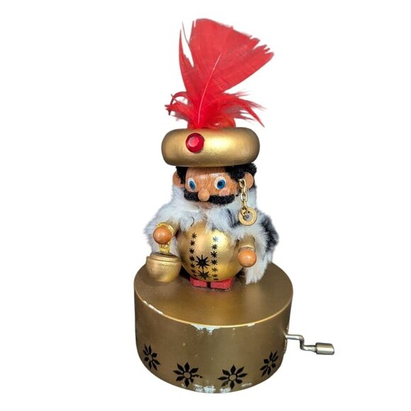 German Silent Night Nutcracker Wind-Up Music Box Gold/Red With Feather Detail - Picture 1 of 7